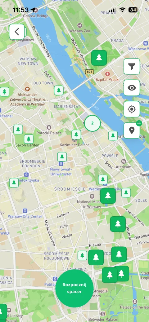 Aktywna mapa DOGOUT z parkami i terenami zielonymi w centrum Warszawy