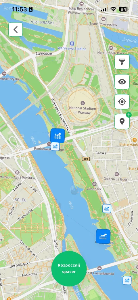 Mapa DOGOUT z miejscami do pływania i punktami z wodą nad Wisłą w Warszawie
